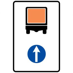 Ceļa zīme - Nr. 425 Transportlīdzekļiem ar bīstamu kravu braukt taisni