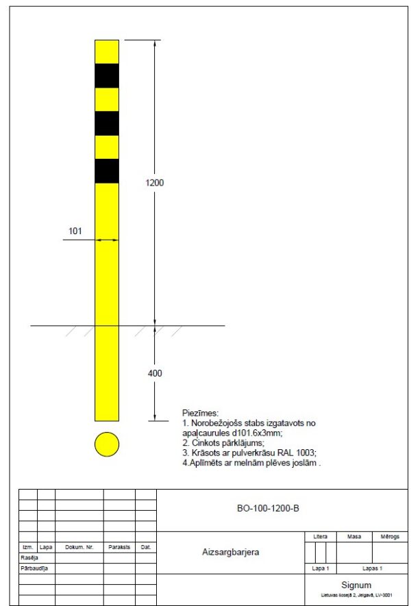 Aizsargstabs, bollards iebetonējams D100mm, garums 1200mm