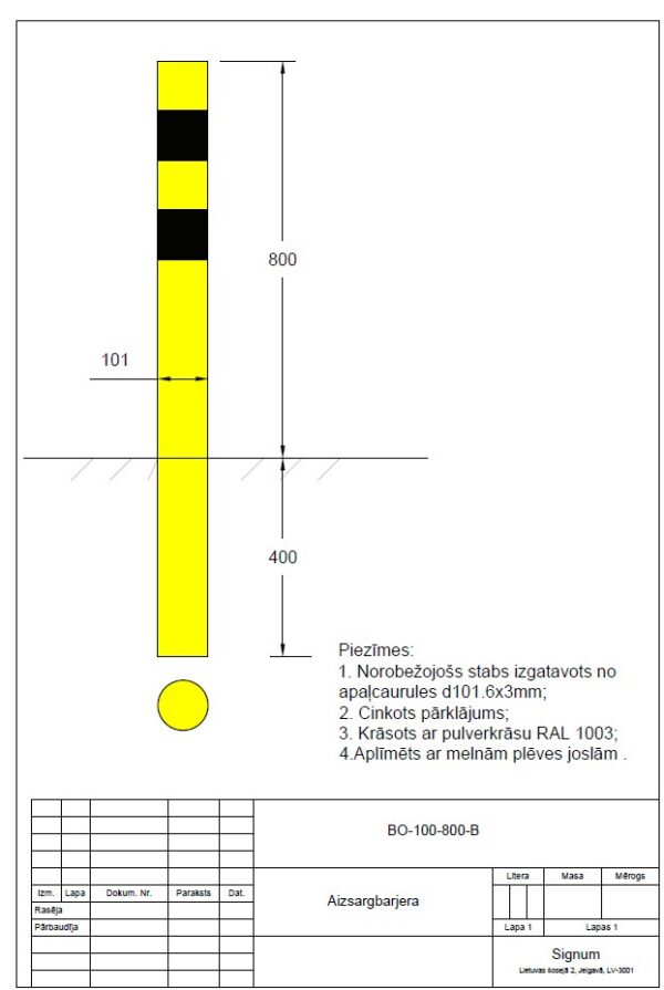 Aizsargstabs, bollards iebetonējams D100mm, garums 800mm