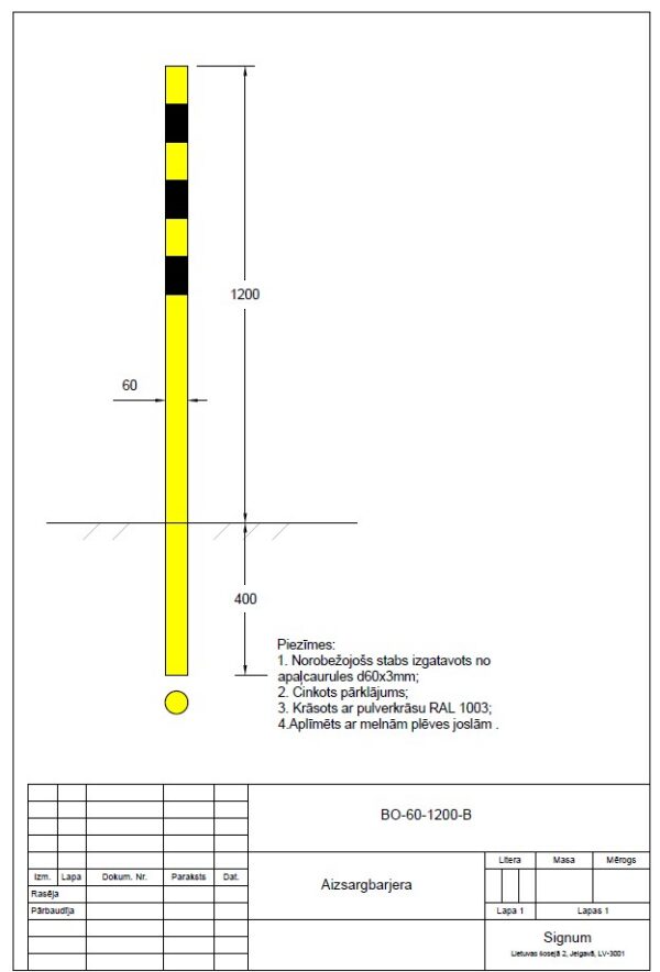 Aizsargstabs, bollards iebetonējams D 60mm, garums 1200mm