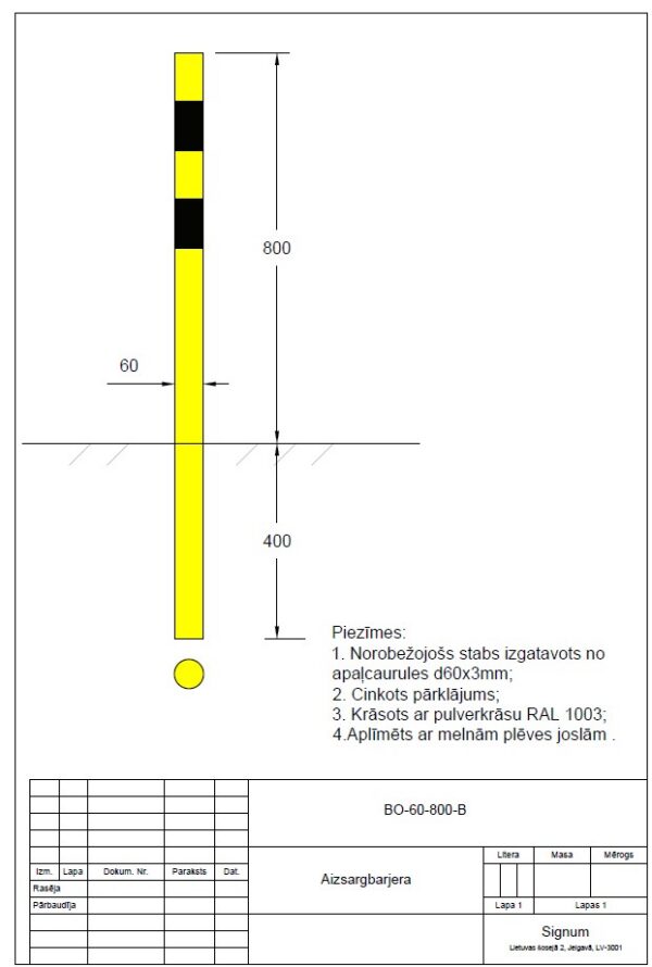 Aizsargstabs, bollards iebetonējams D 60mm, garums 800mm