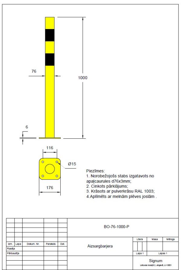 Aizsargstabs, bollards ar pēdu D 76mm, garums 1000mm