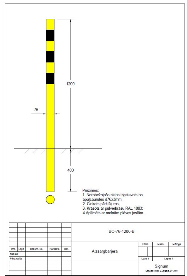 Aizsargstabs, bollards iebetonējams D 76mm, garums 1200mm