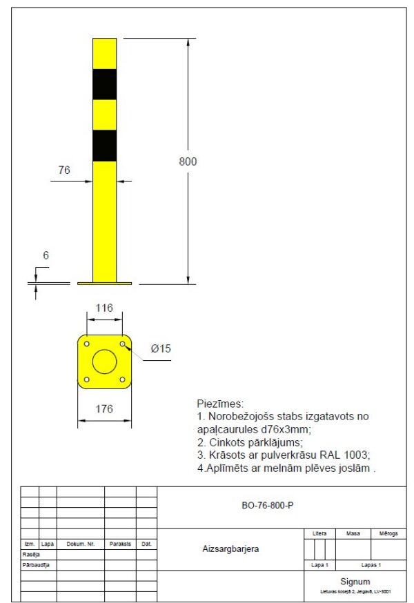 Aizsargstabs, bollards ar pēdu D 76mm, garums 800mm